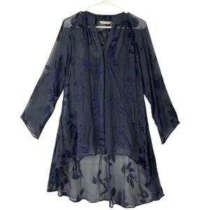 Soft Surroundings Navy Floral Burnout Tunic XS Pullover V-Neck Long Sleeve Silk